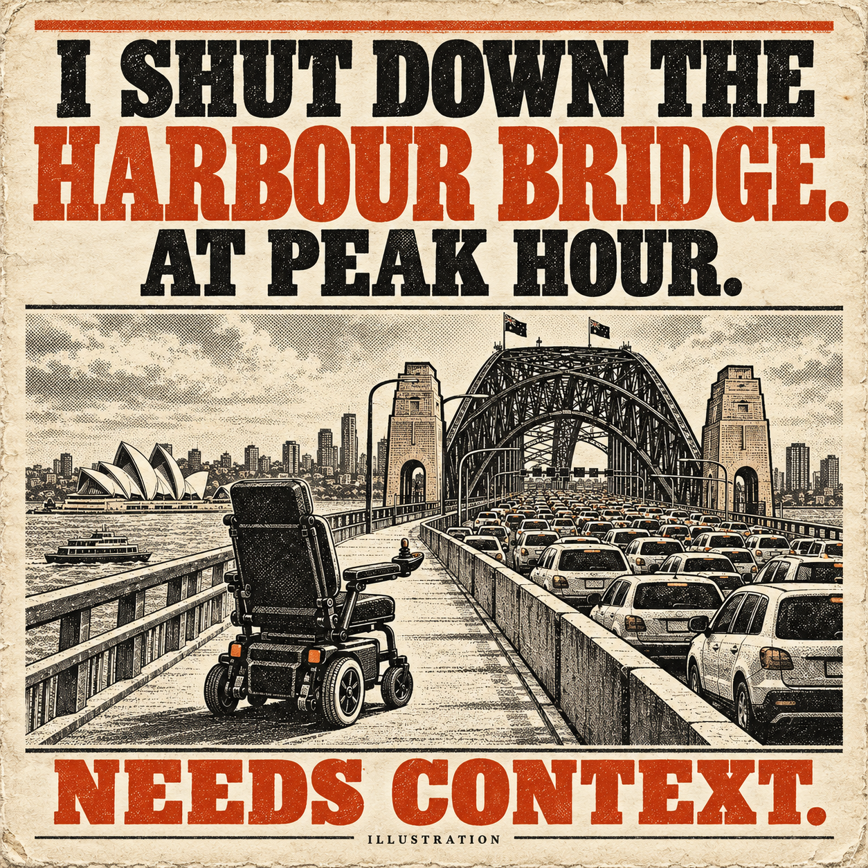 Illustrated Harbour Bridge meme, not a reconstruction of the incident.