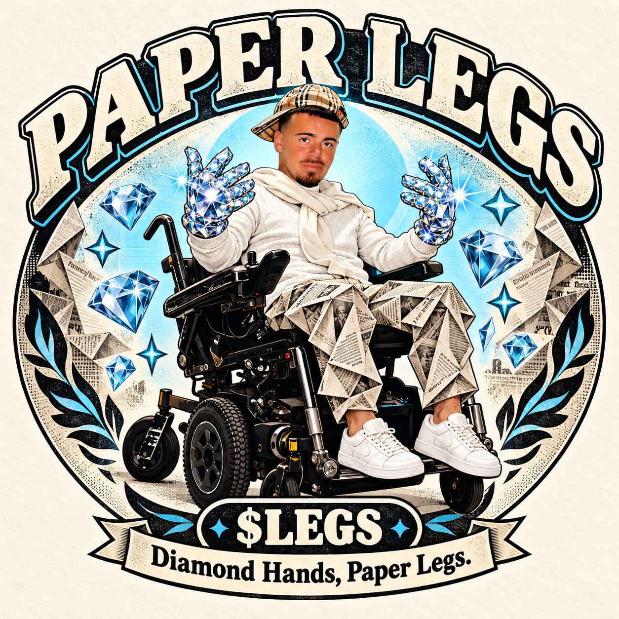 Paper Legs: Tom in his powered wheelchair with diamond gloves and folded-newspaper trousers. Diamond Hands, Paper Legs.